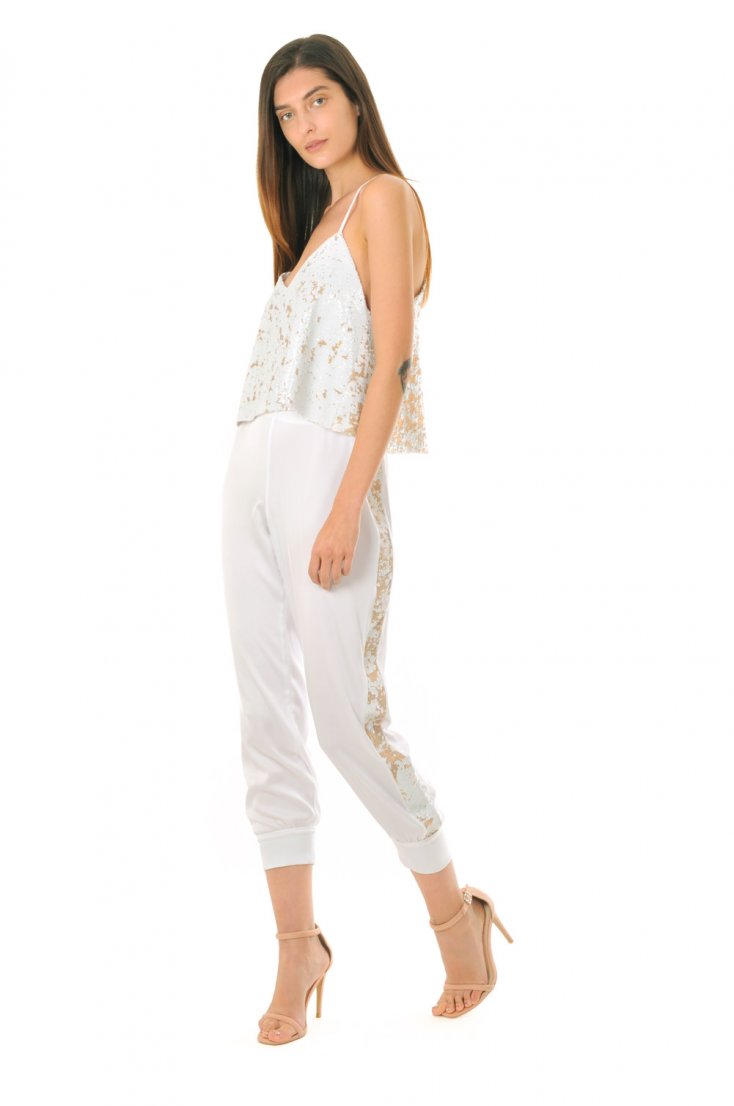 AIMEE - White Pants with Sequinned Stripe