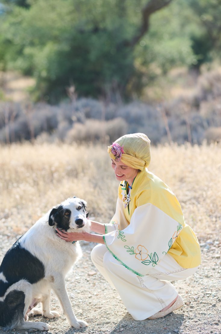BRIGHT YELLOW LINEN KIMONO WITH MULTICOLOR HANDMADE GREEK EMBROIDERY