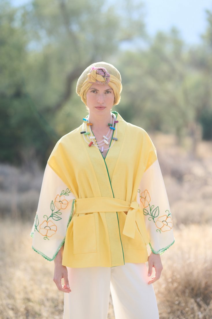BRIGHT YELLOW LINEN KIMONO WITH MULTICOLOR HANDMADE GREEK EMBROIDERY