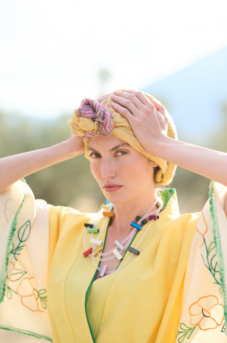 BRIGHT YELLOW LINEN KIMONO WITH MULTICOLOR HANDMADE GREEK EMBROIDERY