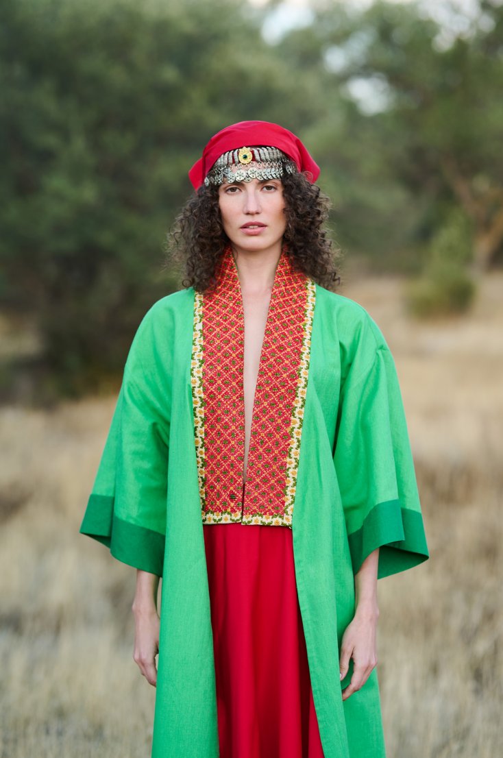 HANDMADE GREEN LINEN KAFTAN - AN ABSOLUTE MASTERPIECE