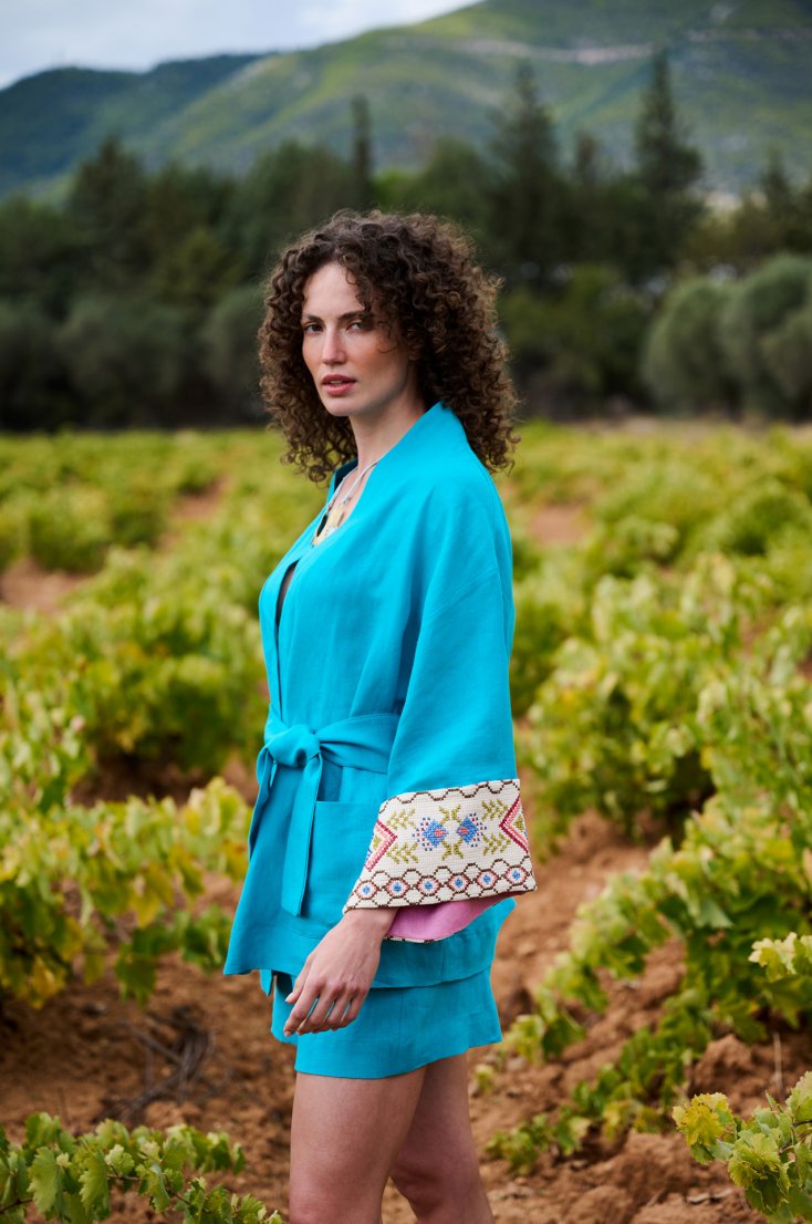 AEGEAN BLUE LINEN KIMONO WITH HANDMADE GREEK EMBROIDERY & PINK BORDERS