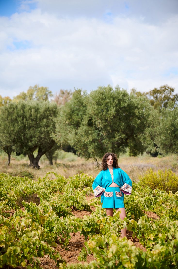 AEGEAN BLUE LINEN KIMONO WITH HANDMADE GREEK EMBROIDERY & PINK BORDERS