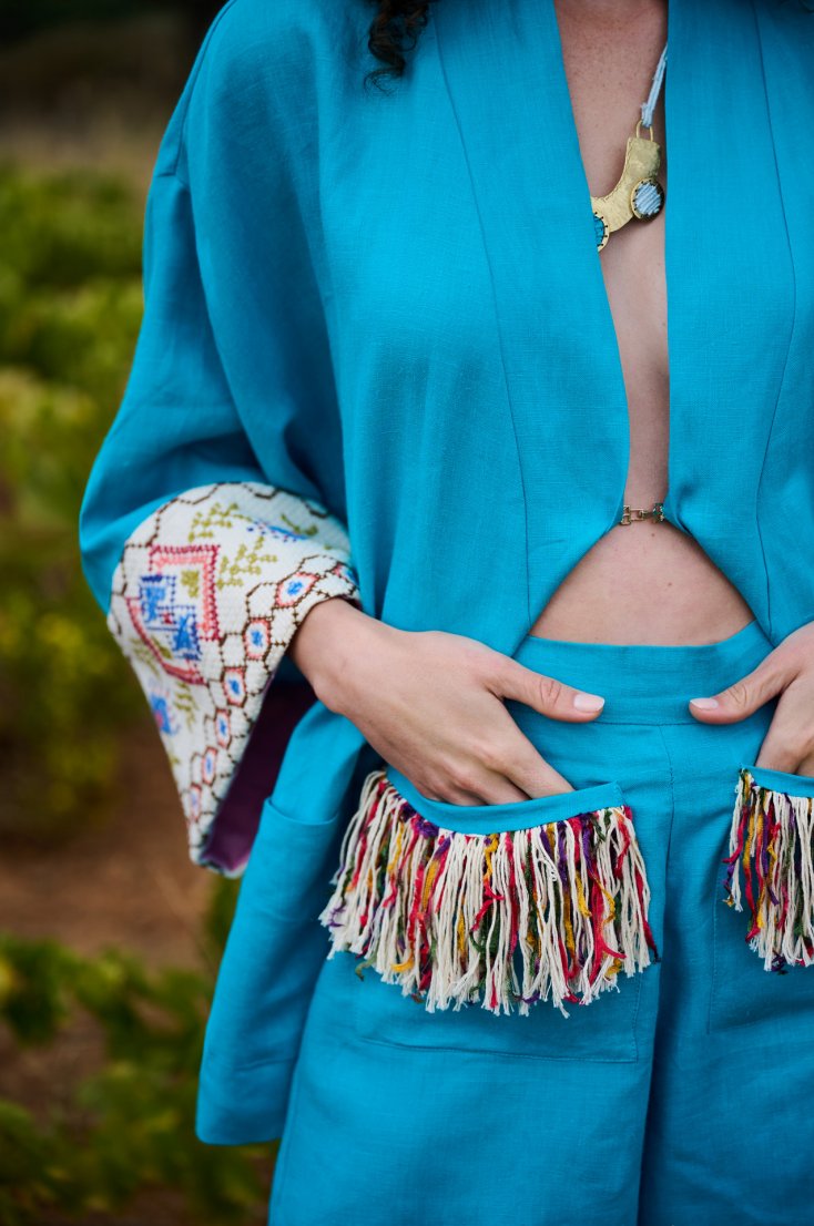 AEGEAN BLUE LINEN KIMONO WITH HANDMADE GREEK EMBROIDERY & PINK BORDERS