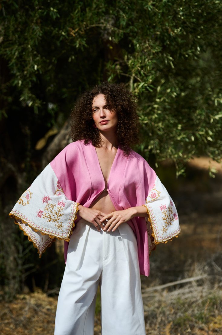 PINK LINEN KIMONO WITH WIDE SLEEVES